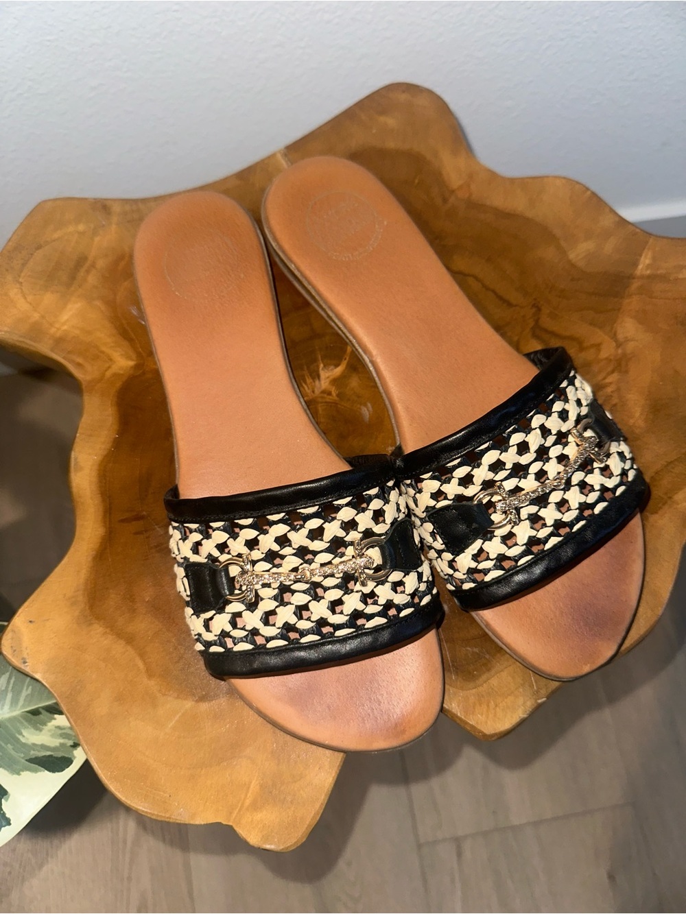 Andre Assous Black and Cream Woven Slide Mules